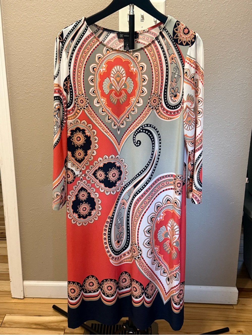 INC International Concepts Coral and Navy Paisley Midi Dress